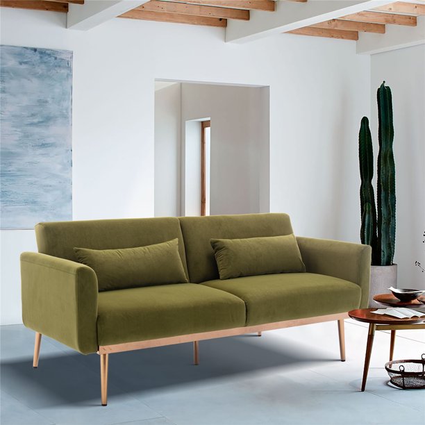 JINS&VICO Velvet Accent Sofa, Upholstered Loveseat Sofa, Convertible Sofa Sleeper with Rose Golden Metal Feet and Two Rectangular Waist Pillows, Suitable for Small Spaces, Green
