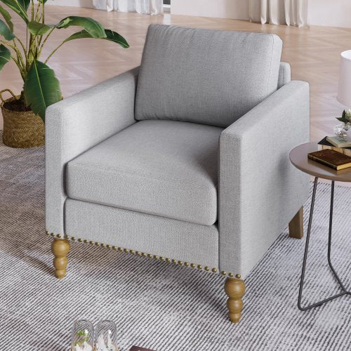 Accent Chair Classic Linen Armchair with Bronze Nailhead Trim Wooden Legs and Button-Dotting Backrest Single Sofa Couch for Living Room, Bedroom, Balcony, Gray