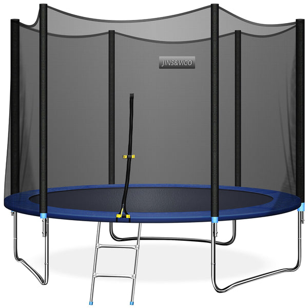 JINS&VICO 10FT Trampoline for Kids/Adult with 6FT Enclosure Net, 661LBS Capacity 3-4 Kids, High Waterproof Mat and Inclined Ladder, Outdooe/Indoor Park Kindergarten