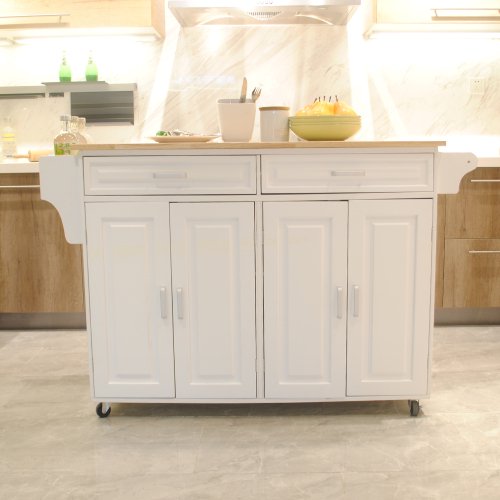 Rolling Kitchen Island with Storage, Portable Kitchen Cart with Rubber Wood Top, 2 Drawers, Spice, Knife and Towel Rack and Cabinets, White