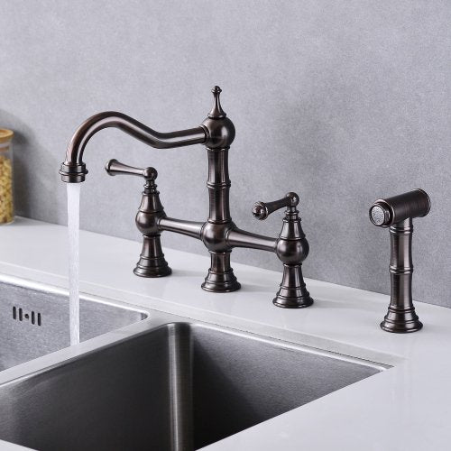 8 inch Centerset Bridge Kitchen Faucet with Brass Side Sprayer, 2 Handles 4 Holes Antique Classic Heritage Deck-Mount Kitchen Sink Faucet, 360° Rotating Faucet, for Kitchen, Bronze