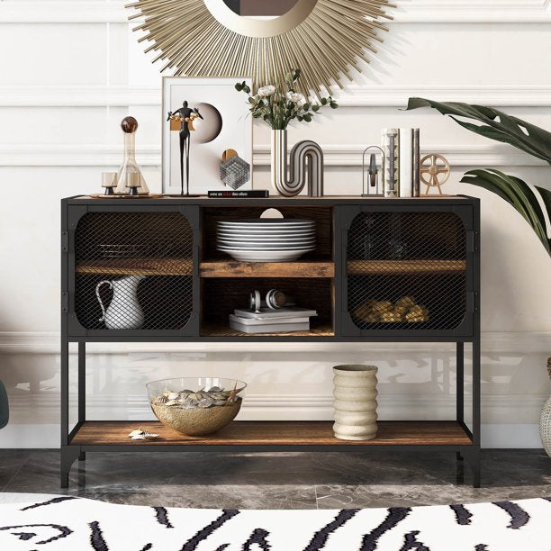 Retro Industrial Console Table with Metal Grid Door and 3 Thicken Shelves, Free Standing Storage Chest, Buffet Server Cabinet, for Living Room, Kitchen, Entryway, Hallway,Distressed Brown