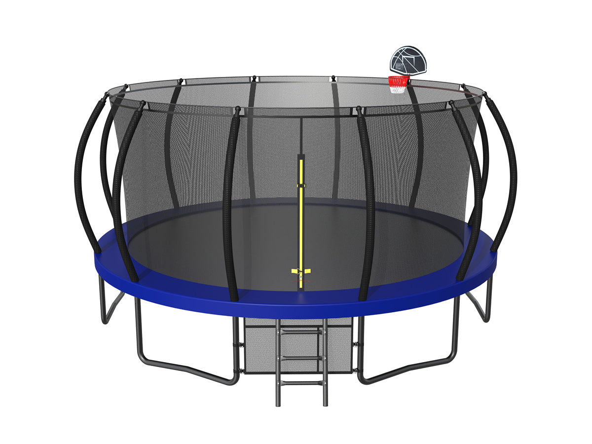 16FT Trampoline with Basketball Hoop, Recreational Trampolines with Ladder, Shoe Bag and Galvanized Anti-Rust Coating, Built-in Zipper Trampoline Round Outdoor Trampoline for Family, Blue