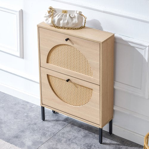 Rattan Shoe Cabinet with 2 Flip Drawers, Modern 2-Tier Shoe Rack Storage Cabinet for Heels, Boots, Slippers, Free Standing Shoe Rack, Entrance Hallway (Natural)