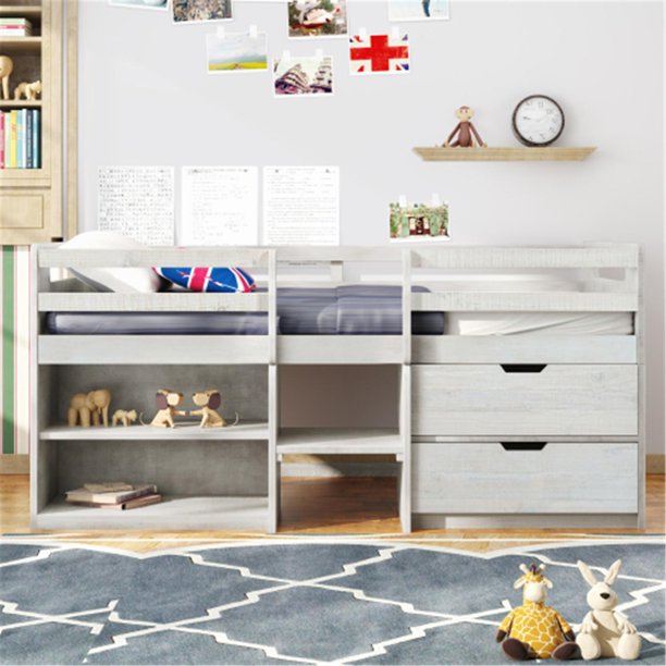 Twin Loft Bed Frame with 2 Storage Drawers and 2 Tier Shelves, Wood Loft Bed with Safe Guardrail for Kids Boys and Girls, Antique White