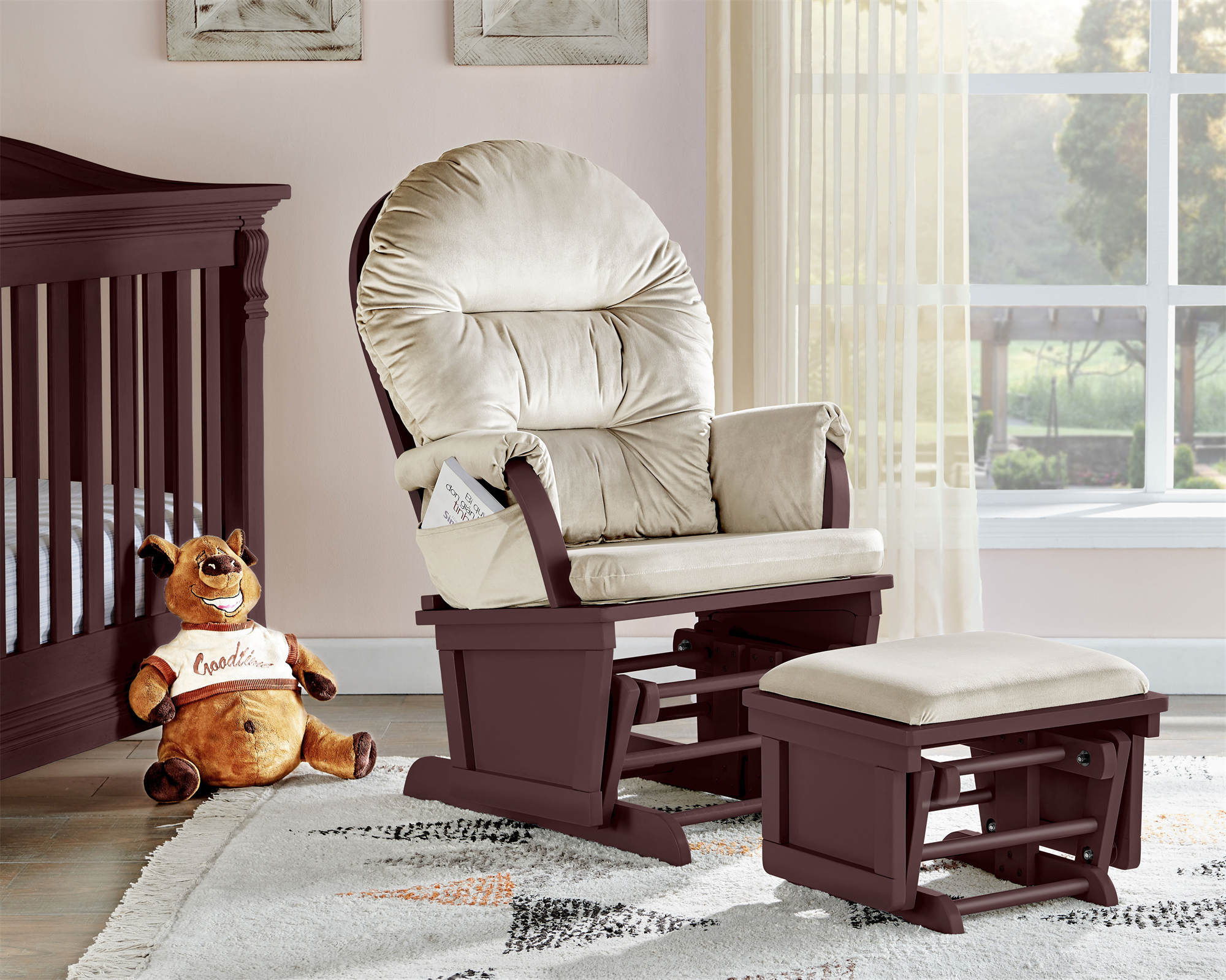 Mid-Century Modern Glider and Ottoman, Wood Glider and Ottoman Set, Nursery Glider with Ottoman, Wood Nursery Chair for Baby Room, Upholstered Nursing Chairs for Mom and Baby with Padded Arms, Beige