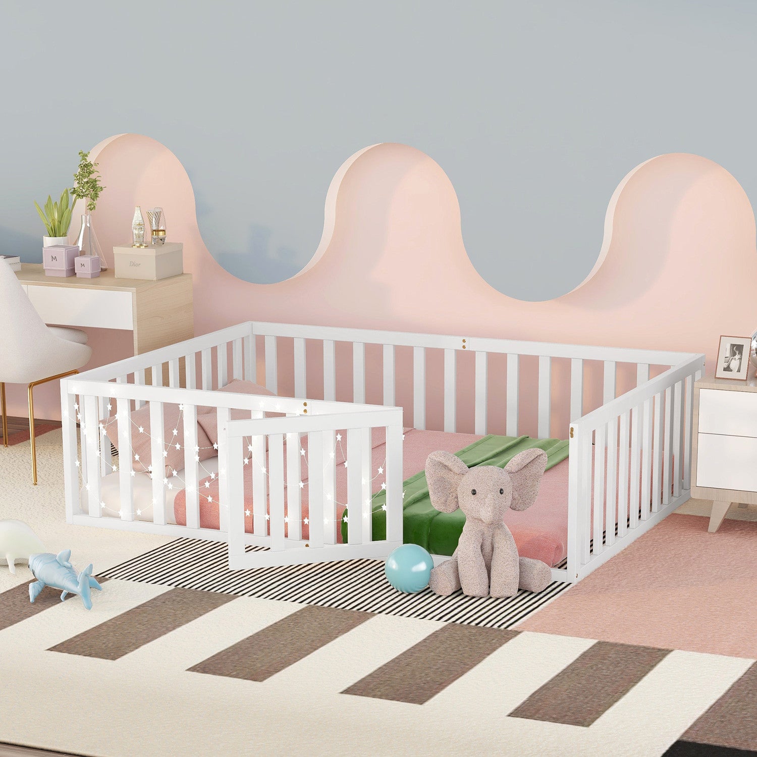 Full Size Floor Bed Frame with Fence and Door, Wood Montessori Bed Frame for Kids Boys Girls, Easy Assembly, White 77.2"L x 56.1"W x 21.6"H