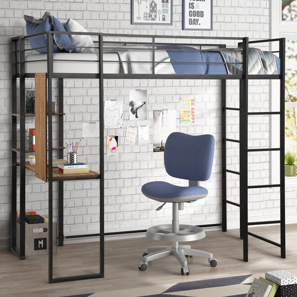 Twin Size Loft Bed with Desk and Shelves, Metal Loft Bed Frame with 2 Built-in Ladder and Safety Guardrails for Kids Teens Adults, No Box Spring Needed, Black 79.9'' L x 41.7'' W x 71.7'' H