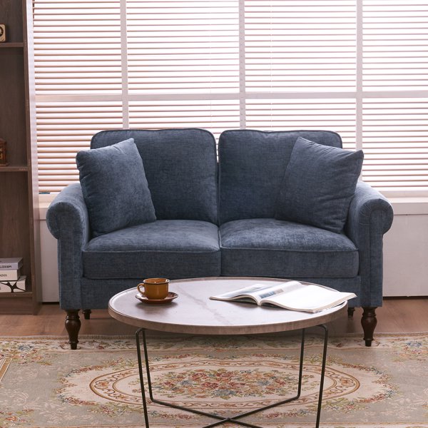 Loveseat Sofa Couch Mid-Century Modern 58"W, Elegant 2-seat Couch Upholstered Love Seats with 2 Bolster & Curved Armrest & Wood Legs, Small Space Sofa for Living Room, Apartment and Office,Gray-Blue