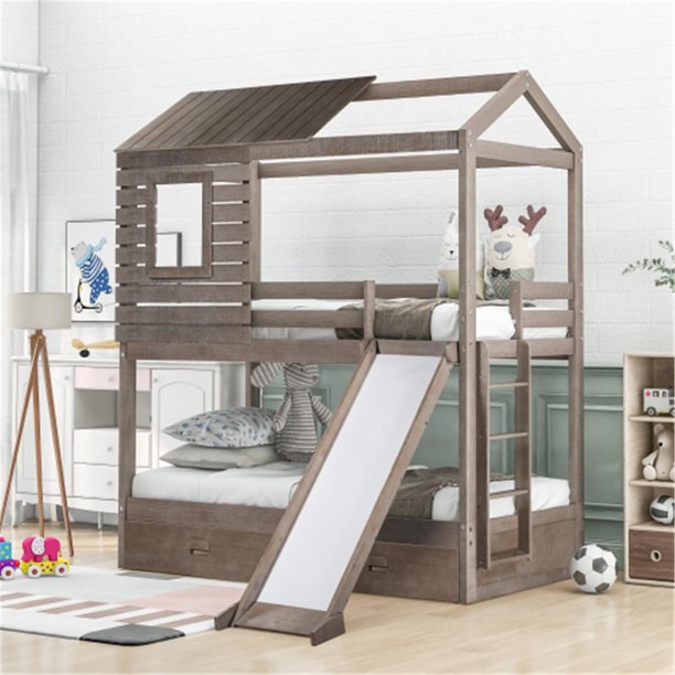 Twin over Twin House Shaped Bunk Bed Frame with 2 Storage Drawers, Roof and Window, Bunk Bed with Slide and Built-in Ladder, Antique Gray