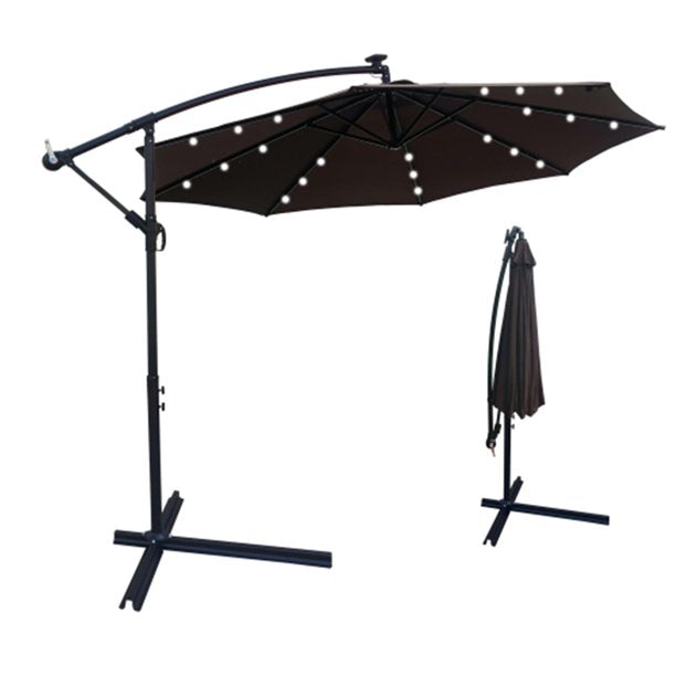 10 Ft Outdoor Patio Umbrella, Solar Powered LED Lighted, Sun Shade Market Waterproof 8 Ribs Umbrella with Crank and Cross Base for Garden, Deck and Backyard, Chocolate