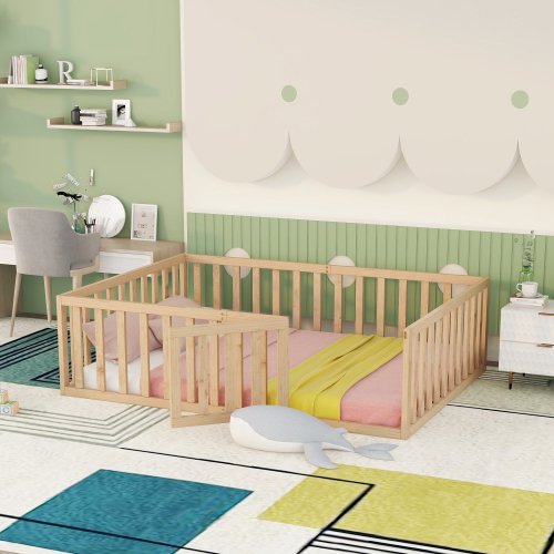 Full Size Montessori Floor Bed for Kids,Solid Wood Floor Bed Frame with Fence and Door, Bed Frame for Kids Toddlers,Box Spring Needed