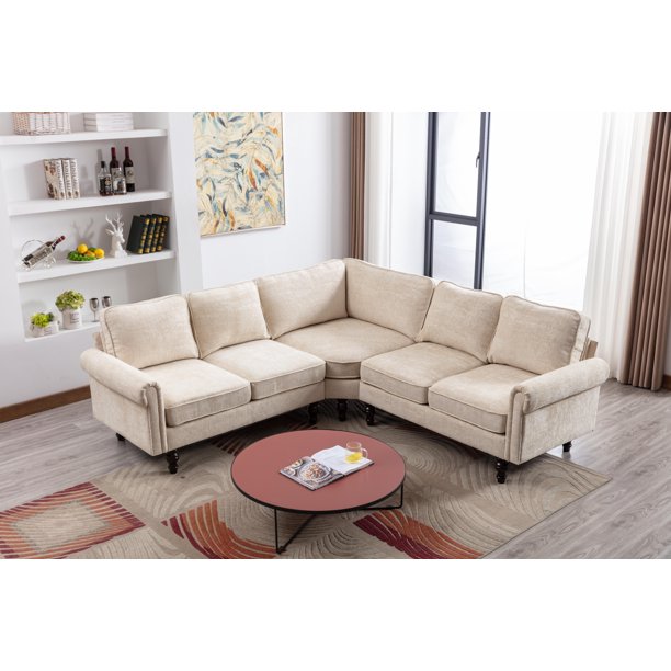 Accent Sectional Sofa Set, L-shaped Living Room Sofa with Backrest Cushion and Armrest, Modern Upholstered Sofa Couch with Sturdy Wood Legs for Home Office, Beige