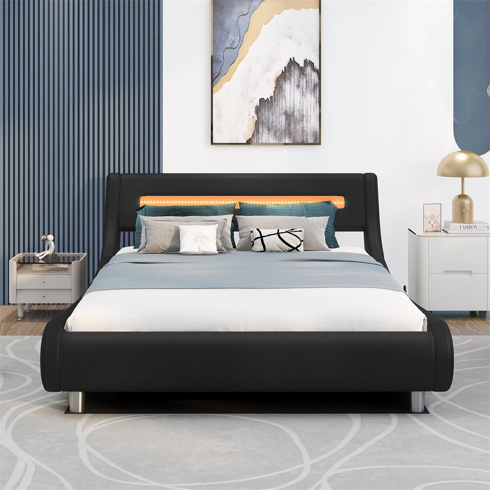 Upholstered Platform Bed with LED Headboard, Full Size Low Profile Platform Bed with Under Bed Storage Space and 20 Color LED Lights for Adults