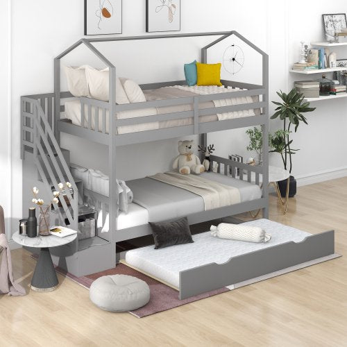 House Shaped Twin Over Twin Floor Bunk Bed with Slide and Stair, Stairway with Storage Shelves/Handrail, Space-Saving Bedroom Dormitory Furniture No Spring Box Needed for Kids