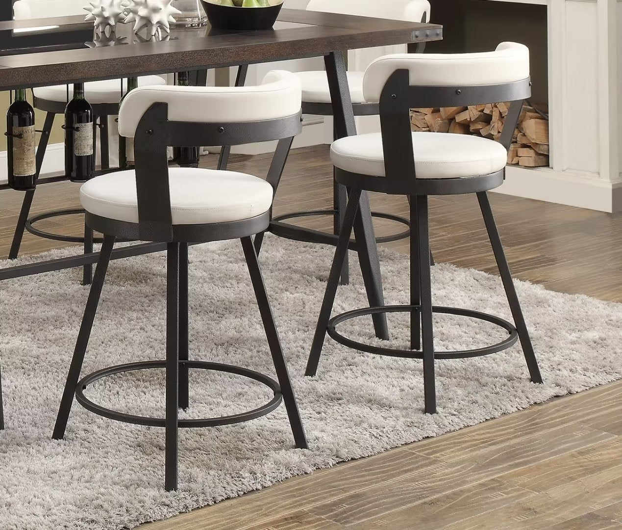 24-inch Counter Height Swivel Bar Chairs Set of 2, Faux Leather Upholstered Dining Chairs with Hollow-back Design and Metal Base, Metal Frame Side Chair for Dining Room Bar Kitchen, White