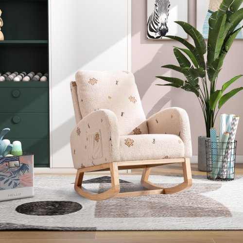 26.8"W Rocking Chair for Nursery, Mid Century Accent Rocker Armchair With Side Pocket, Modern Upholstered High Back Wooden Rocking Chair for Living Room Baby Kids Room Bedroom, Beige Boucle