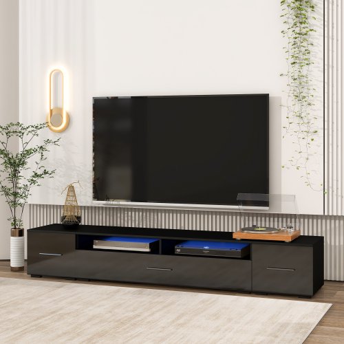 TV Stand, 82.6" Modern Minimalist Style TV Stand with 16 Color LEDs, Floating TV Cabinet Entertainment Center for 90” TV, Wood TV Console with Storage, Drawers & Open Shelves (Black)