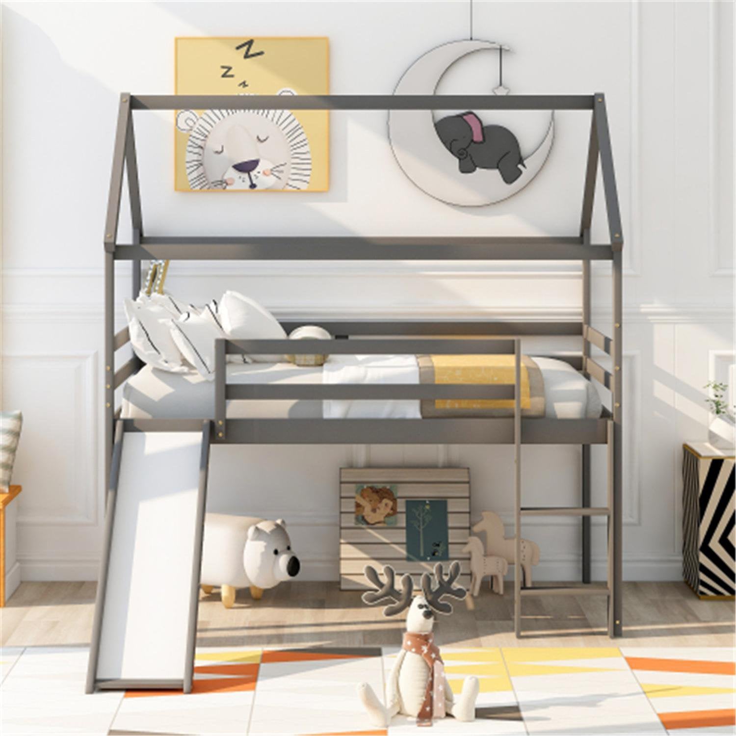 Twin Size House-Shaped Loft Bed Frame with Full-Length Guardrail and Slide, Loft Bed with Stairs, No Box Spring Required, Gray
