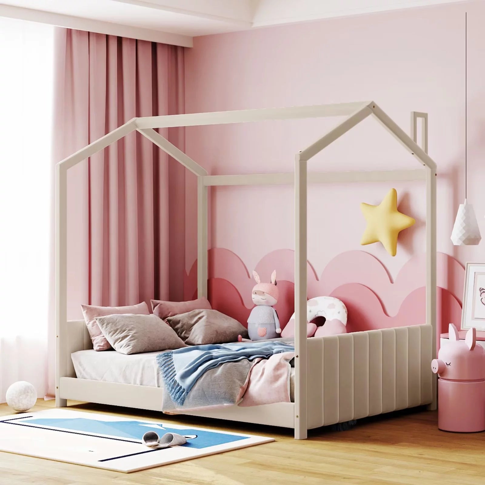 Full Size Velvet Upholstered Bed Frame, Modern House Bed Floor Bed with Roof and Tufted Headboard, Full Platform Bed Frame with Slats Support for Boys Girls, No Box Spring Needed, Beige