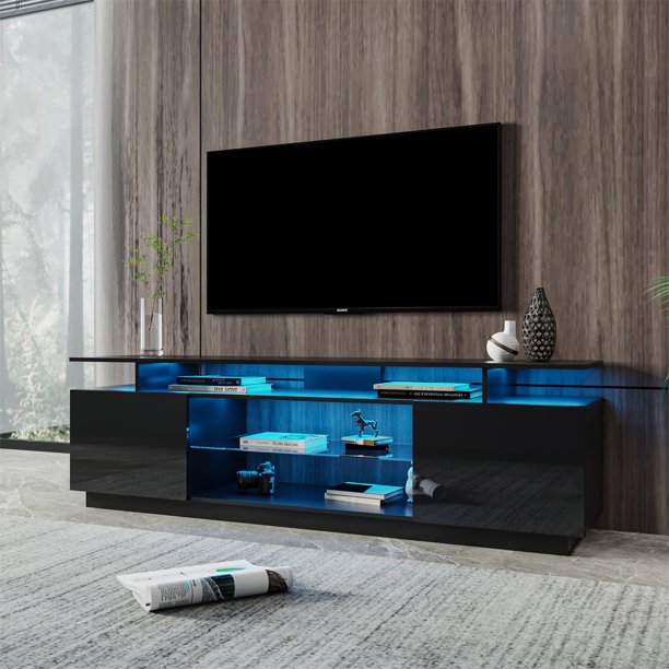 TV Stand for 80 Inch TV Stands, Television Table 2 Storage Cabinet with Open Shelves & Adjustable LED System, Unit Display Cabinet Media Console Entertainment Center for Living Room, Black