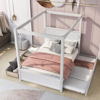 Full Size Canopy Bed with Trundle Bed and 2 Drawers, Wood Full Platform Bed with Headboard, Footboard and Slat Support, Modern 4 Poster Panel Bed, No Box Spring Needed, Brushed White