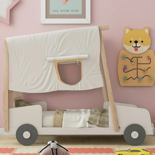 Full Size Car Canopy Bed with Ceiling Cloth and Upholstered Headboard, Platform Bed Frame with Light, Car-Shape Bed Frame with Wheels for Toddler Children Boys Girls,Natural