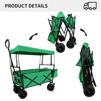 Portable Wagon Cart with Wheel, Utility Collapsible Kids Wagon with Canopy, Outdoor Beach Trolley Cart for Garden Camping Picnic Sports, Weight Capacity 250lbs, Green