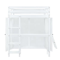 Full Size Loft Bed with Desk and Wardrobe, Solid Wood Loft Bed Frame with Inclined Ladder and Full-Length Guardrail, Loft Bed with Desk and Storage for Kids Teens Girls Boys Bedroom Dorm, White
