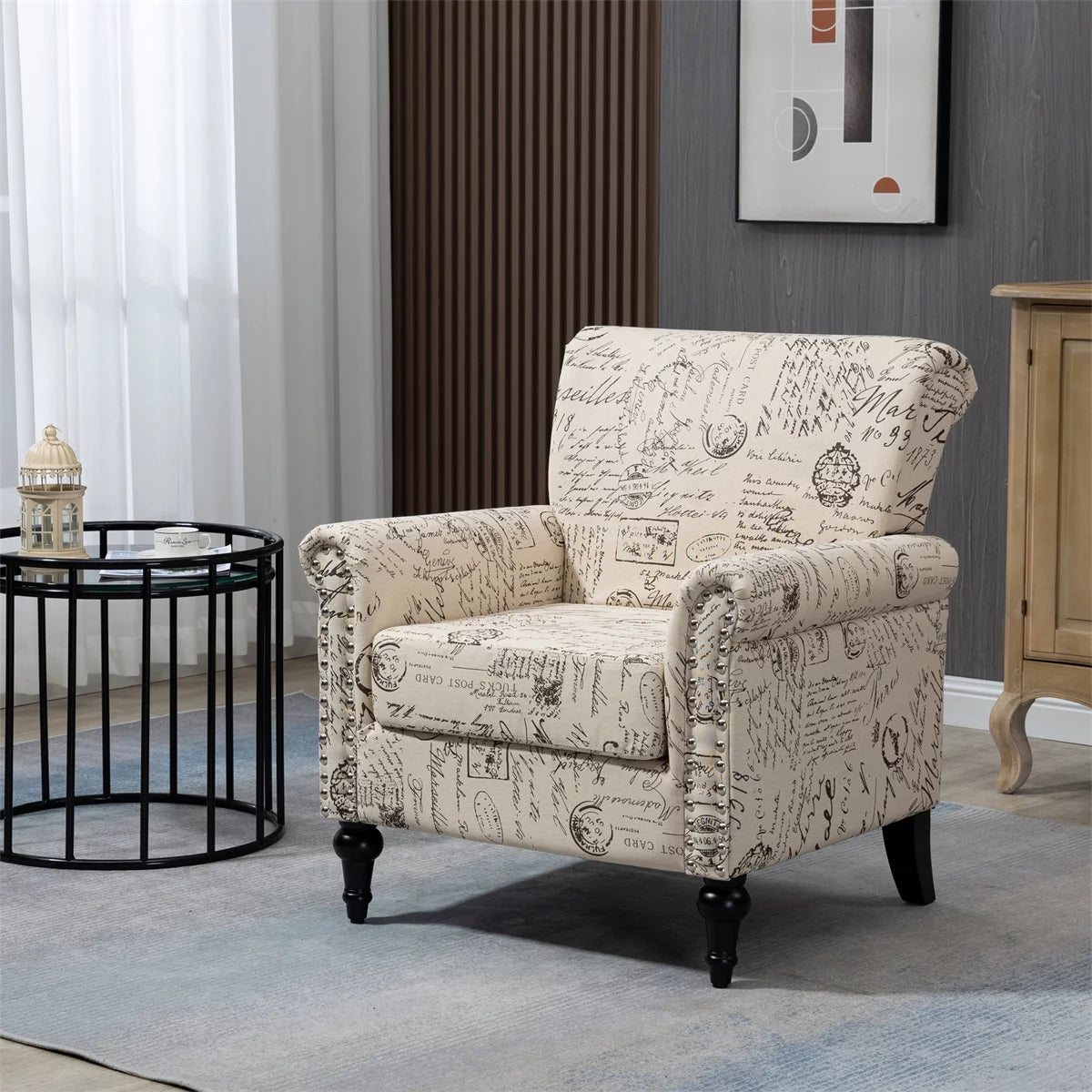 Modern Accent Chair, Mid-Century Single Sofa Chair with Rolled Arm and Solid Wood Legs, Upholstered Club Chair Linen Fabric Reading Armchair with Tufted Back for Living Room Bedroom Office, Beige