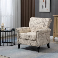 Modern Accent Chair, Mid-Century Single Sofa Chair with Rolled Arm and Solid Wood Legs, Upholstered Club Chair Linen Fabric Reading Armchair with Tufted Back for Living Room Bedroom Office, Beige