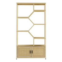 Rattan Bookshelf, 5 tier Open Bookcase Shelf Storage Rack with Cabinet, Bohemian Tall Book Shelf Display Shelf with Matte Metal Frame & Adjustable Foot Pads for Living Room, Study, Bedroom, Natural
