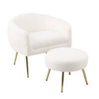 Accent Chair with Ottoman, Modern Teddy Velvet Tufted Armchair Leisure Lounge Chair with Footrest and Adjustable Metal Legs, Comfy Upholstered Single Sofa Chair Reading Chair for Living Room, White