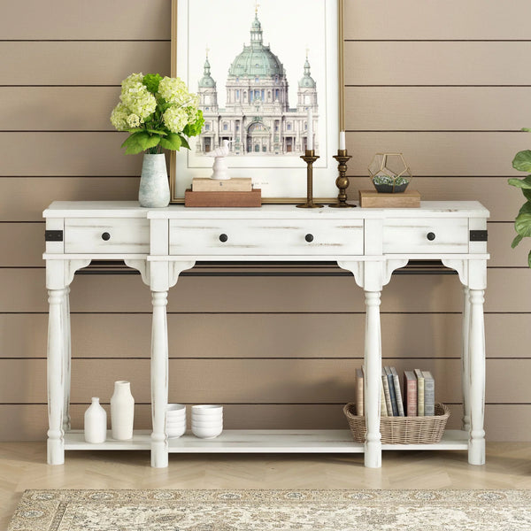 Mediterranean Retro-Style 60" Console Table,Entryway Table with Storage Drawers and Bottom Shelf,Sofa Side Table for Entryway, Hallway and Living Room,Creamy White
