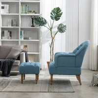 Accent Chair with Ottoman Set,Button-Tufted Upholstered Chair Set,Mid-Century Sofa Chair Reading Chair with Solid Wood Legs,Linen Fabric Arm Chair Single Sofa Chair for Living Room Bedroom,Blue
