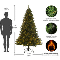 7.5 FT Pre-lit Christmas Tree, Artificial Hinged Xmas Tree with 400 Pre-strung Led Lights, 1420 Branch Tips and Foldable Stand for Holiday Decoration, Easy Assembly, Green