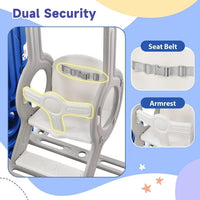 5 in 1 Toddler Swing and Slide Set with Climber, Kids Playground Climber Slide Playset with Safety Belt, Armrest, Basketball Hoop, High Adjustable Baby Swing Set for Indoor Outdoor Backyard, Blue