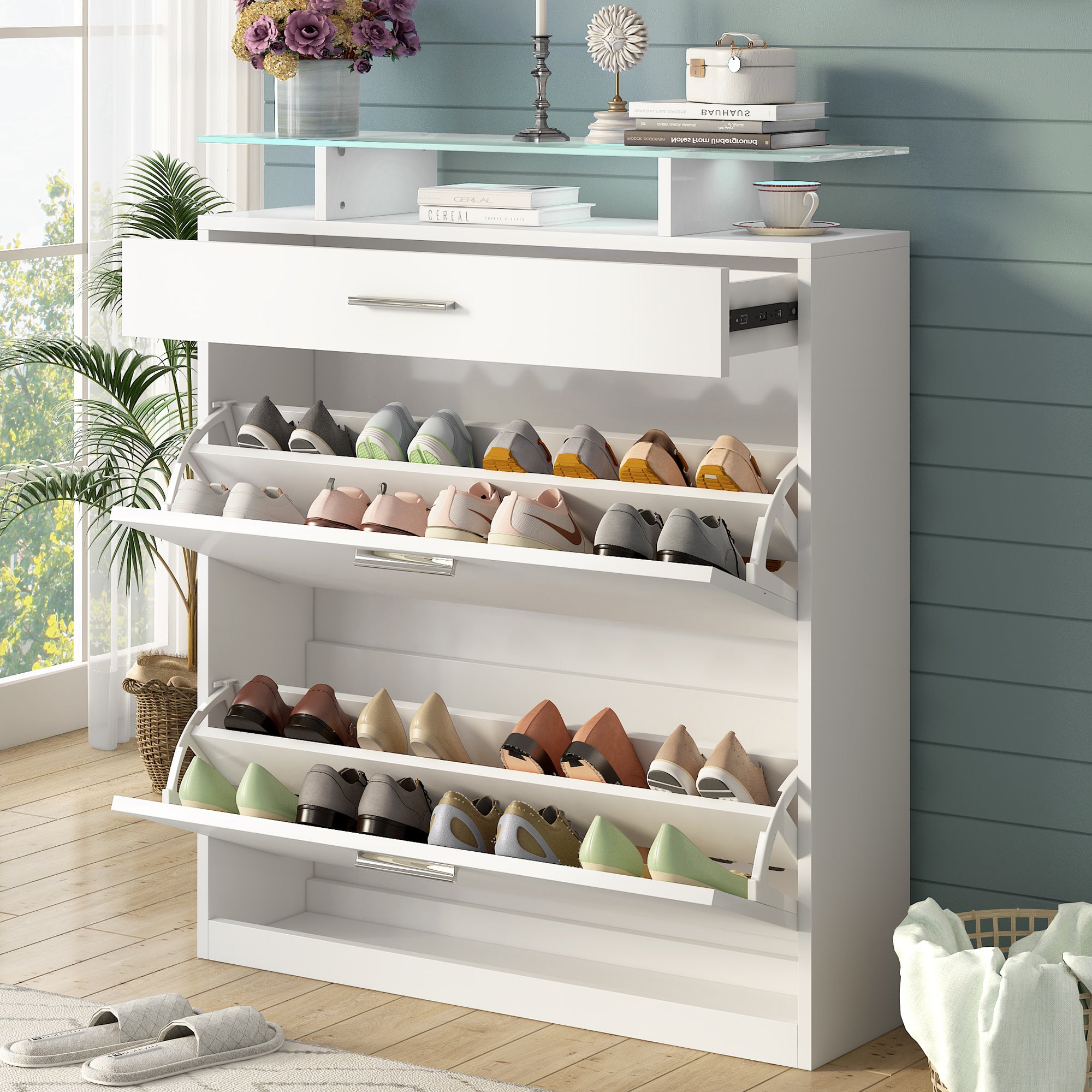 Shoe Storage Cabinet with LED, 3 Drawer Shoe Rack with 2 Flip Drawers and Tempered Glass Top, Slim Entryway Shoe Organizer for Hallway, White