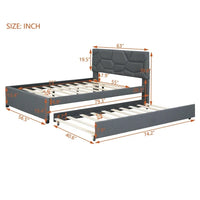 Full Upholstered Bed Frame with Trundle, Wood Platform Bed with Headboard for Bedroom Living Room, Space Saving Design, Gray