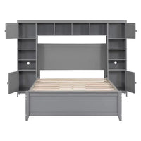 Full Size Platform Bed with 4 Storage Drawers and Bookcase Headboard, Wood Full Bed with All-in-One Cabinet and Shelf, Full Storage Bed Frame for Bedroom, Gray