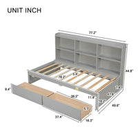 Twin Size Platform Bed with 2 Storage Drawers, Solid Bed Frame with Multifunctional Function Bookcase, Bookcase Bed for Kids Teens, No Box Spring Needed, Easy Assembly, Gray