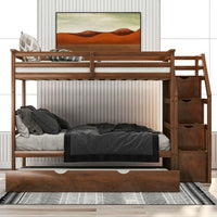 Hardwood Twin-Over-Twin Bunk Bed with Twin Size Trundle, 3 Storage Stairs and Full-length Guardrail, Solid Wood Bunk Bed for Kids Adult, 94.4"L x 42.4"W x 61.4"H, Walnut