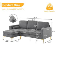 85" Burlap Fabric Sectional Sofa Couch with Reversible Chaise, L-Shape Couch with Bolster Pillows and Metal Legs, 3 Seats Modular Sofa for Living Room Apartment Small Space, Dark Gray