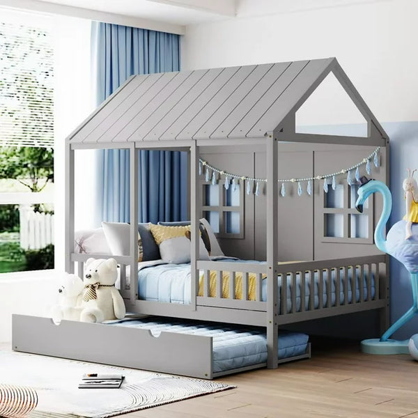Full House Bed with Trundle, Wooden Daybed Frame with Roof and Window, Full Size Sofa Bed Tent Bed Platform Bed, Playhouse Design Trundle Bed, No Box Spring Needed, Gray