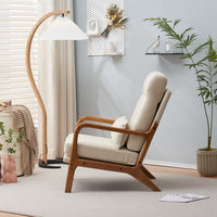 Accent Leisure Chair, Mid-Century Modern Arm Chair with Solid Wood Armrests and Legs, High Back Accent Chair with Thick Seat Cushion and Backrest for Living Room Bedroom Balcony Studio, White