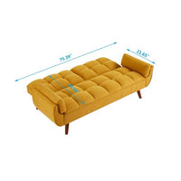 76" Linen Futon Sofa Bed with Adjustable Backrest, Upholstered Loveseat Couch with Solid Wood Legs and 2 Pillows, Convertible Sleeper Sofa for Small Space Living Room Bedroom Office, Yellow
