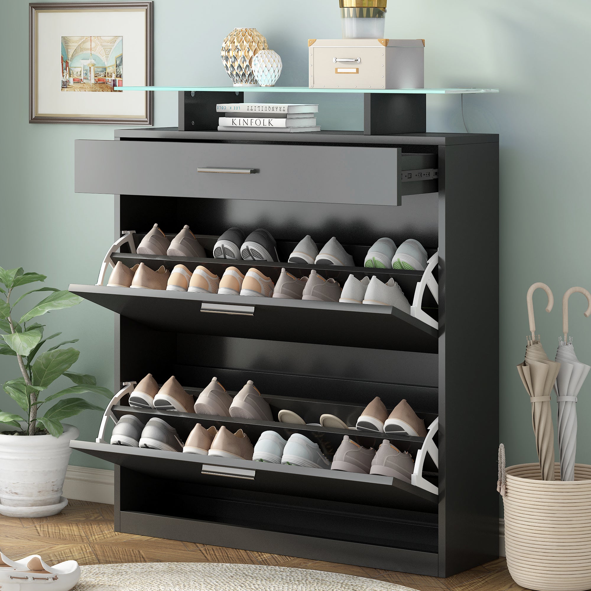 Shoe Storage Cabinet with LED, 3 Drawer Shoe Rack with 2 Flip Drawers and Tempered Glass Top, Slim Entryway Shoe Organizer for Hallway, Black