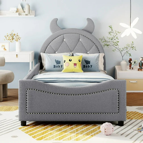 Lovely Teddy Fleece Twin Size Bed, Bed Frame with Side Fense, OX Horn Shaped Headboard, Upholstered Bed Frame of High Load-Bearing Capacity, Noise-Free, Gray