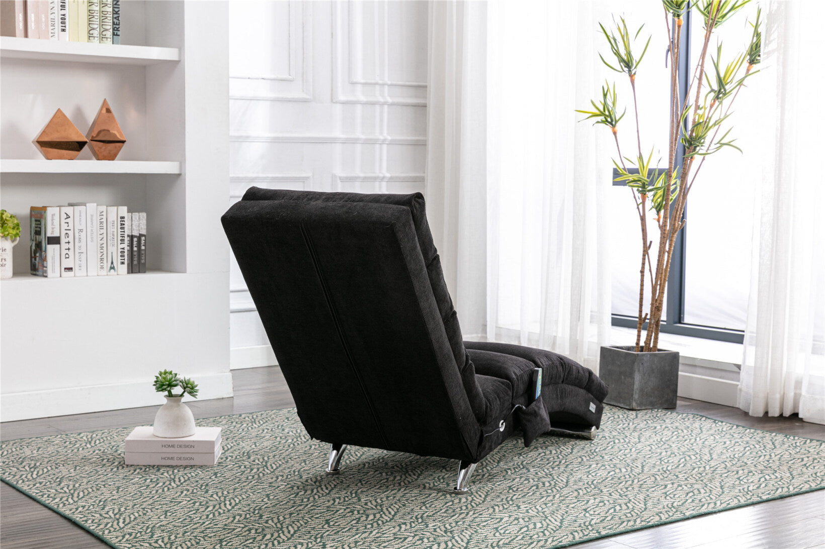 Electric Massage Chaise Lounge, Linen Indoor Lounger with Remote Control and Side Pocket, Ergonomic Indoor Royal Chair for Office, Living Room, Bedrooom, Black
