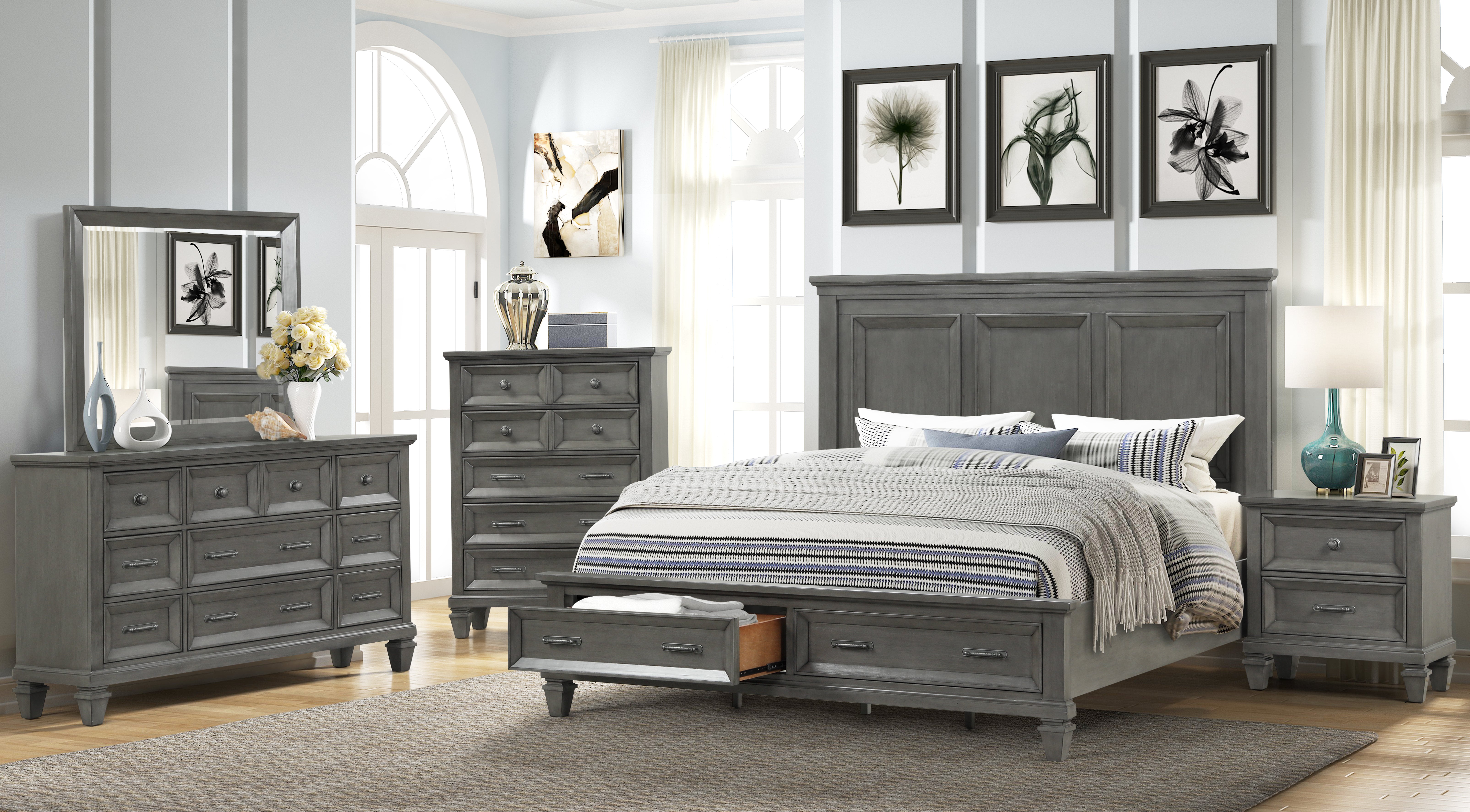 6 Piece King Size Bedroom Set, High End Wood Platform Bed Frame with 2 Drawers, 2 Nightstands, Chest, Dresser and Mirror, Wood Bedroom Furniture Sets for Adults, 90''L X 82''W X 64''H